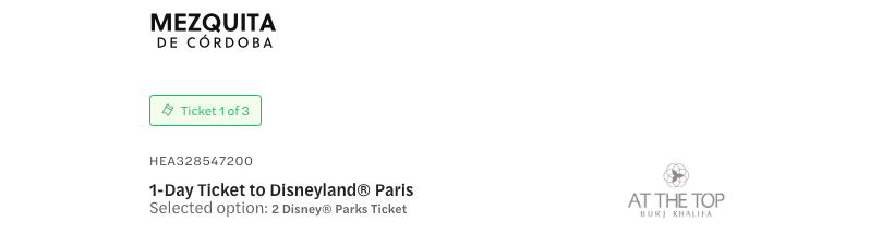 Voucher header showing the booking reference, product name, selected variant and the vendor logo