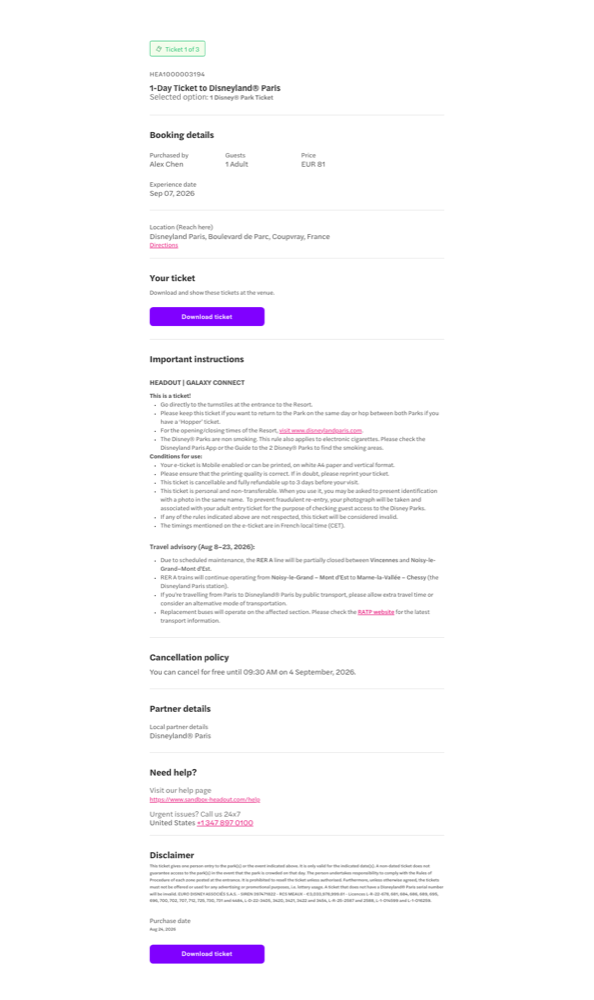 A single page of the multi-page voucher, from the Ticket 1 of 3 badge through booking details, the download button, instructions, cancellation policy, partner details and disclaimer