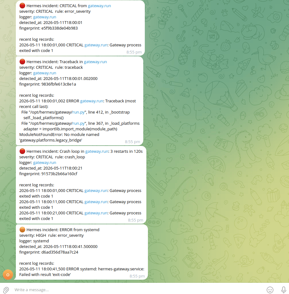 Hermes incidents delivered to Telegram after watching the 002-gateway-systemd-crash-loop synthetic log