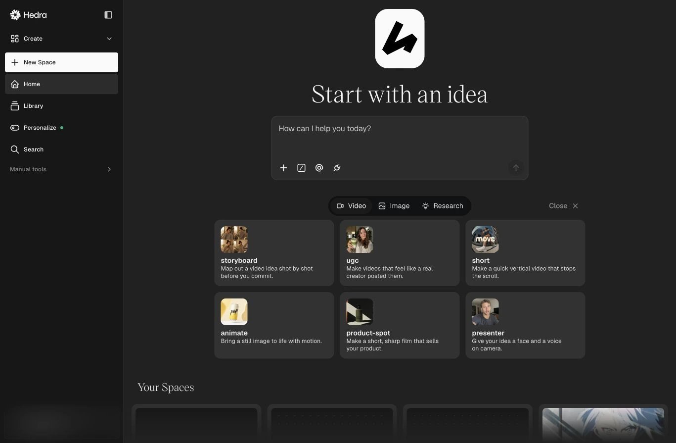 Hedra agent home with a conversational prompt and starter skills