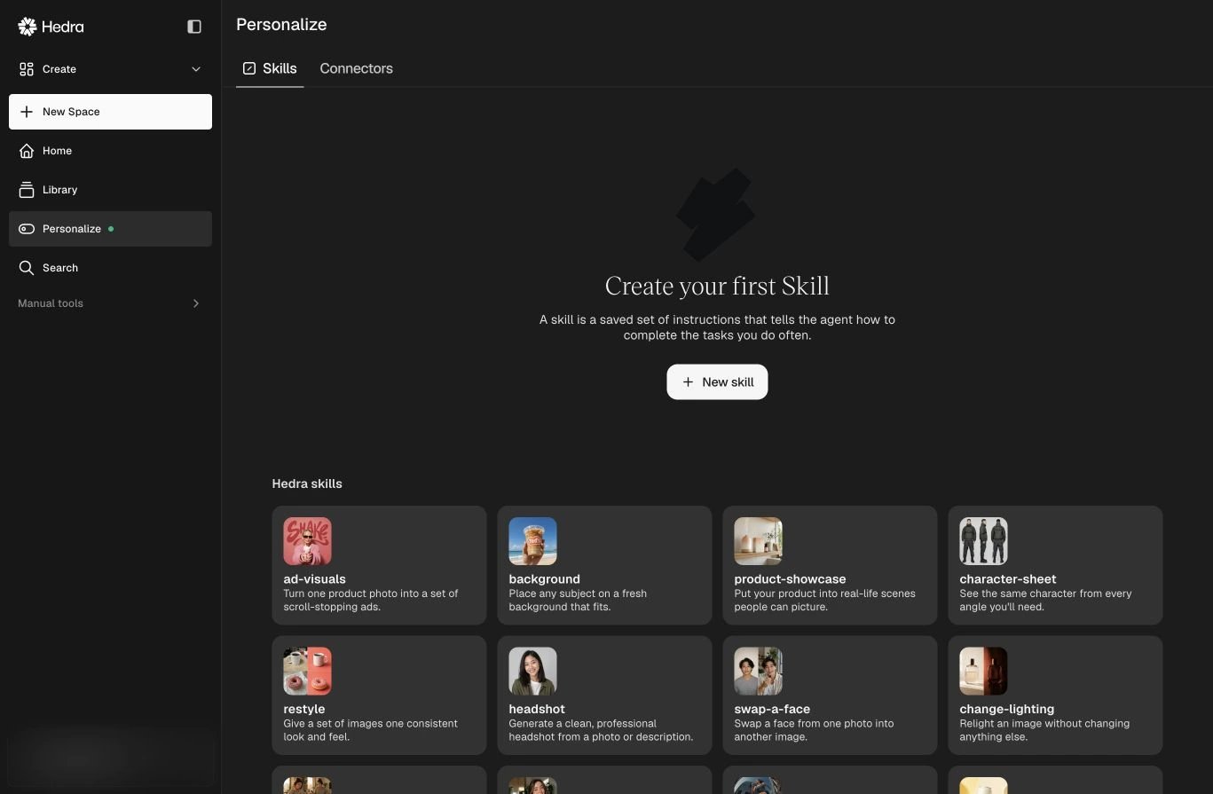 Hedra Personalize page with reusable visual and research Skills