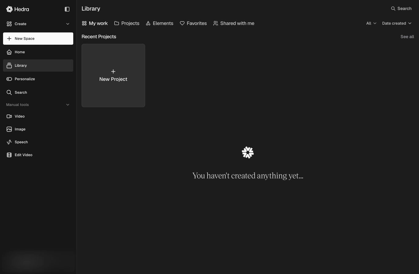 The Hedra Library with My work, Projects, Elements, Favorites, and Shared with me tabs