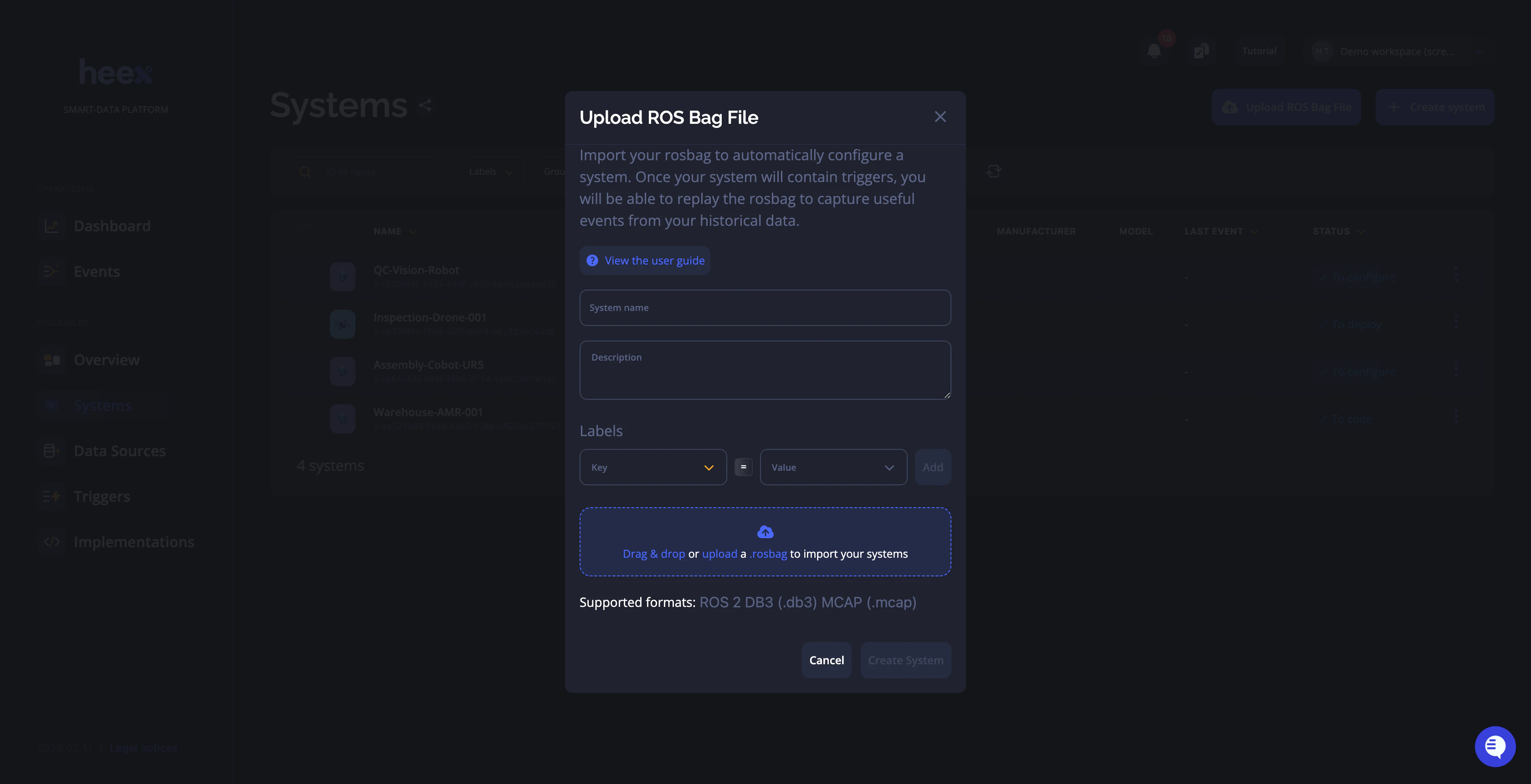 Upload ROS Bag File Modal