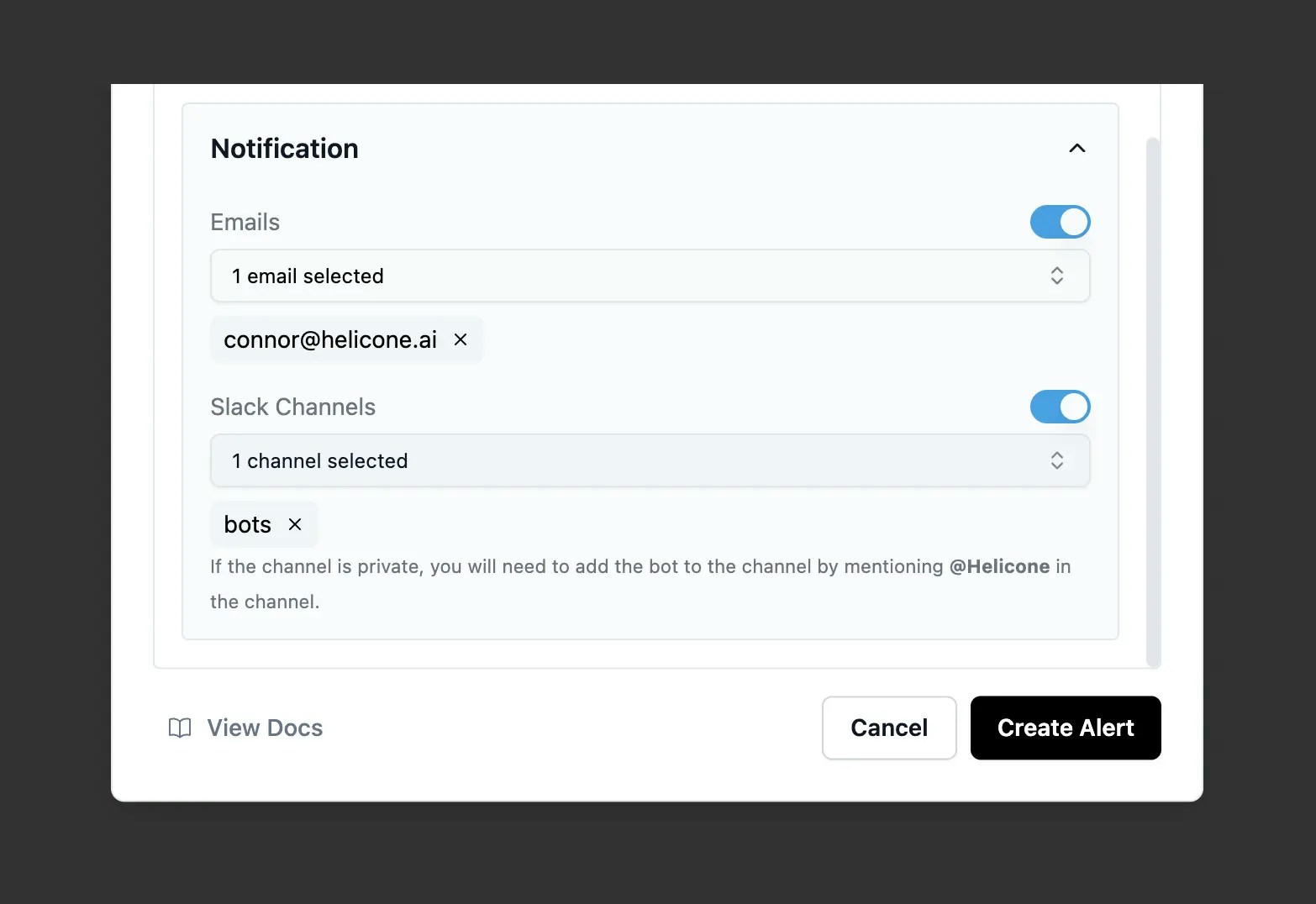 Alert notification configuration showing email and Slack options