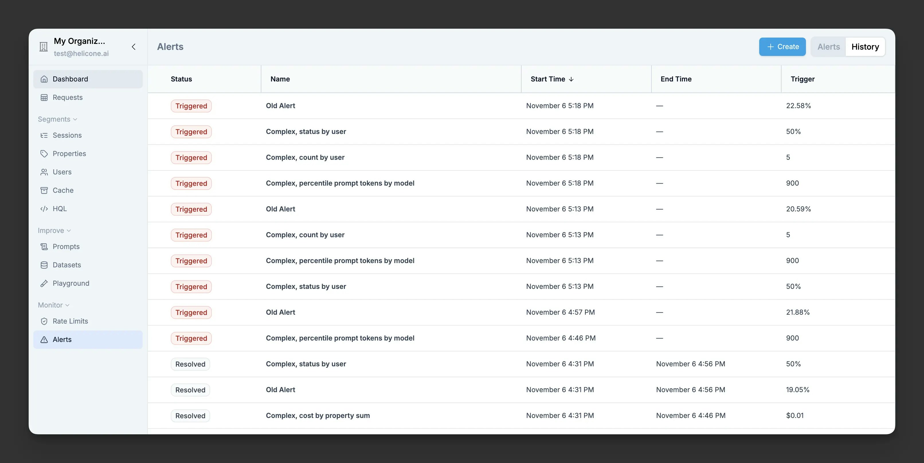 Alert history view showing recent trigger events