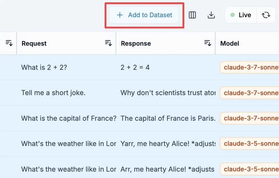 Adding selected requests to a dataset