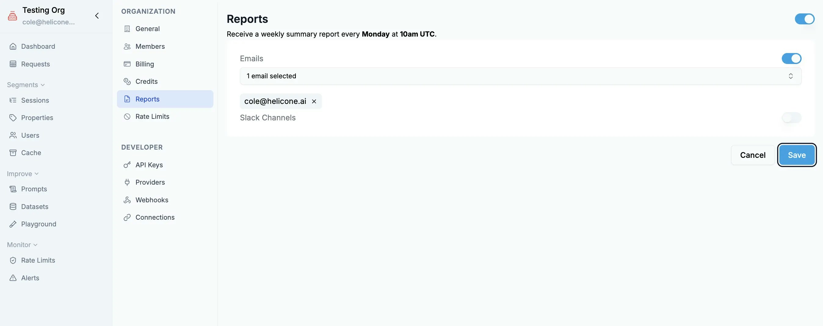 Report configuration interface showing email and Slack delivery options