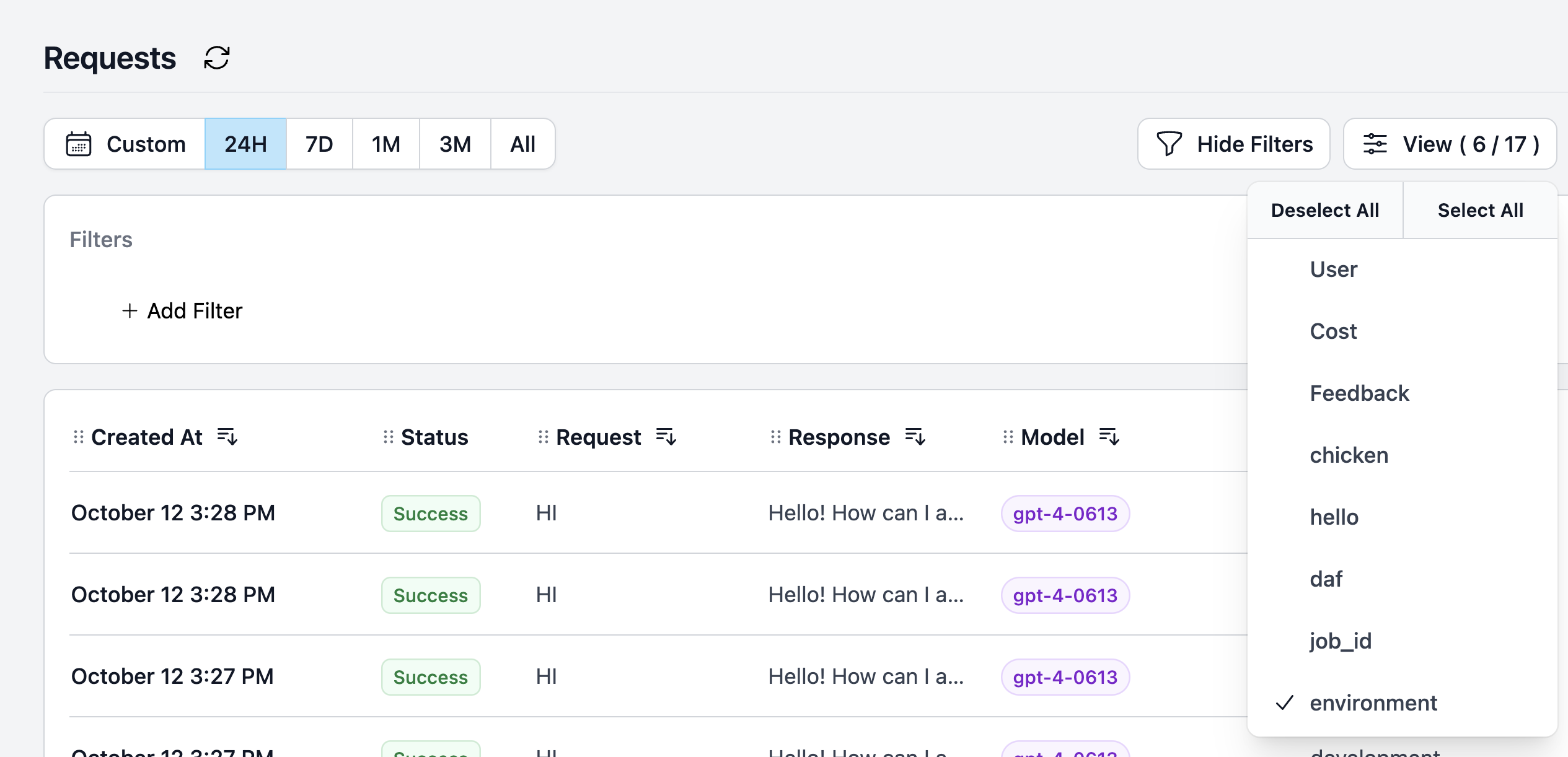 View environments tracked by Helicone on the Requests page.