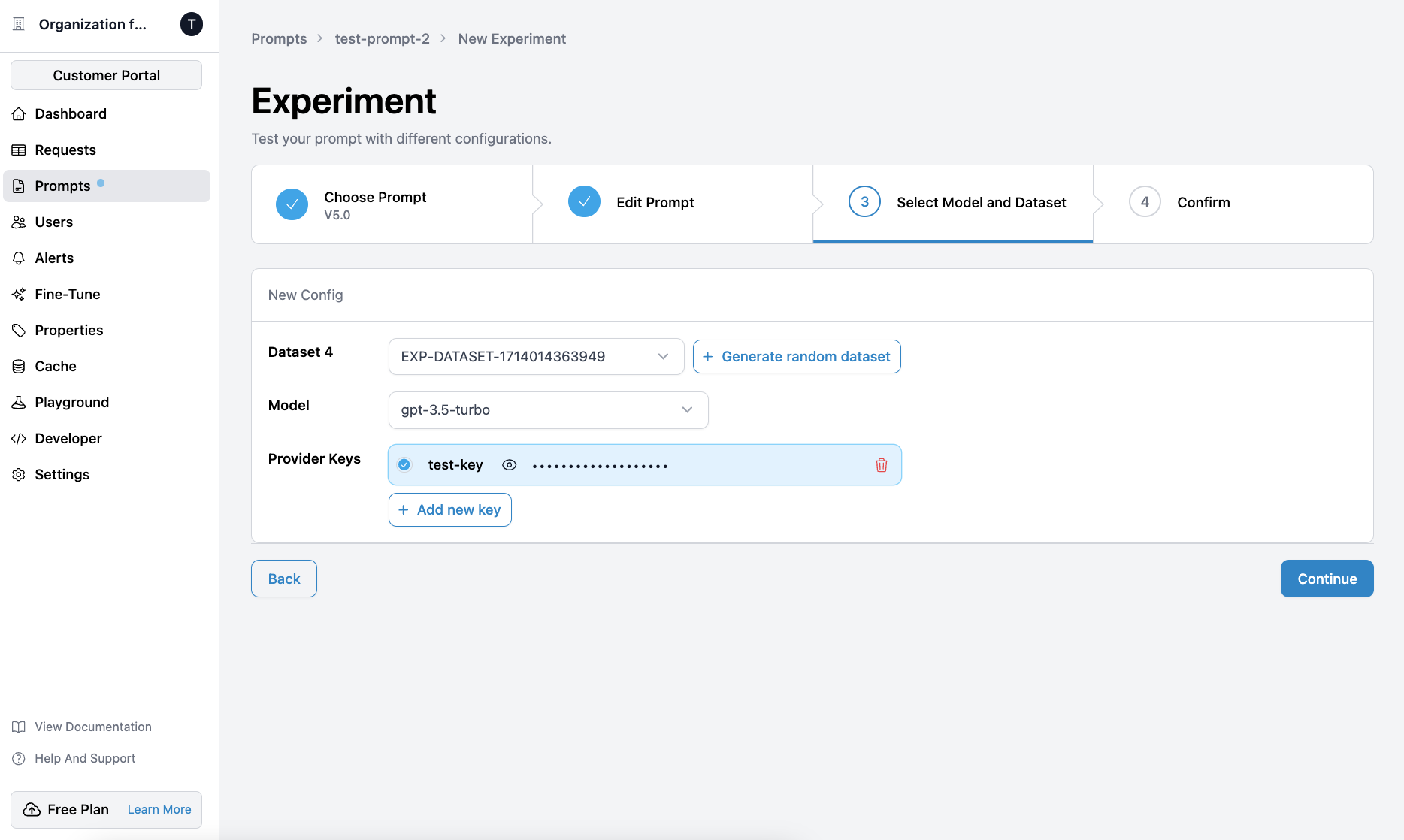 Configuring an experiment with a different dataset, model, and provider keys in Helicone.