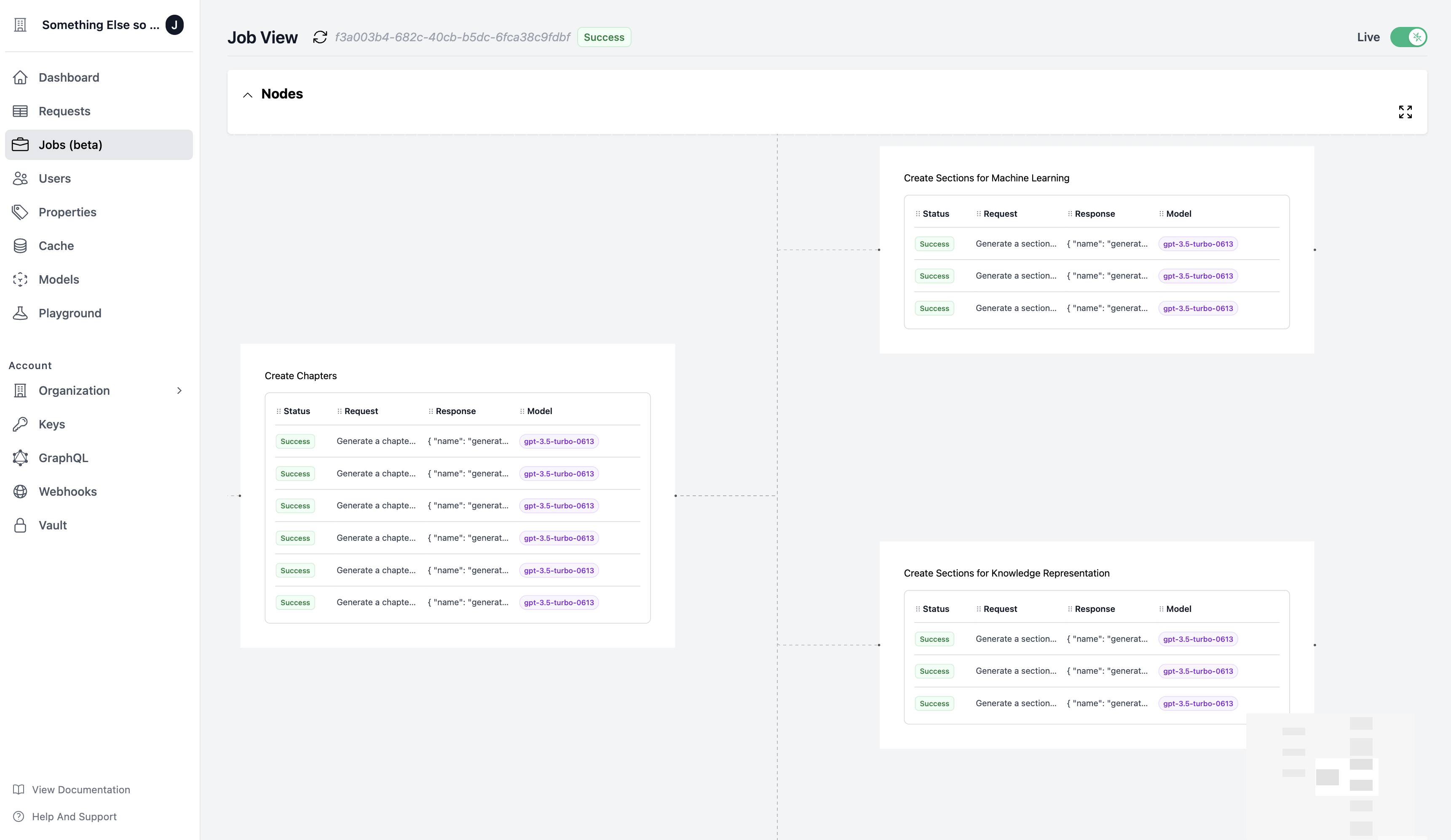 Graphical representation of job nodes and their status on Helicone