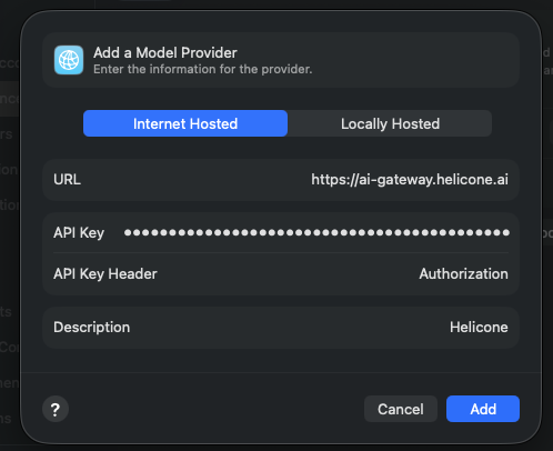 Add model provider dialog in Xcode