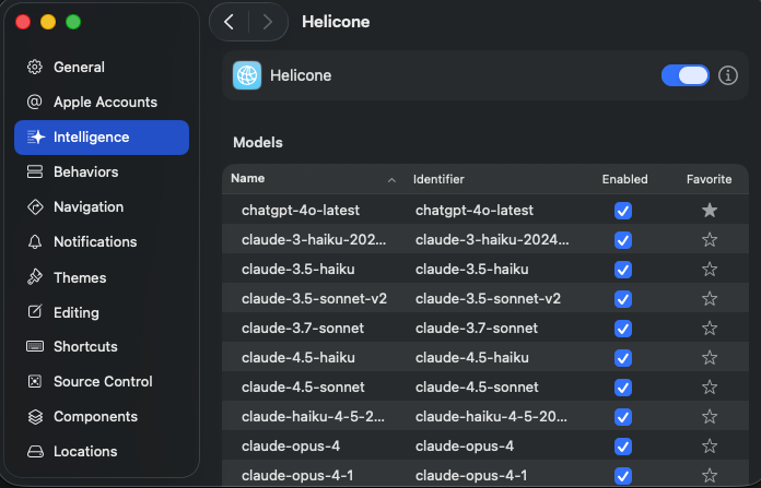 Models list in Xcode with favorites