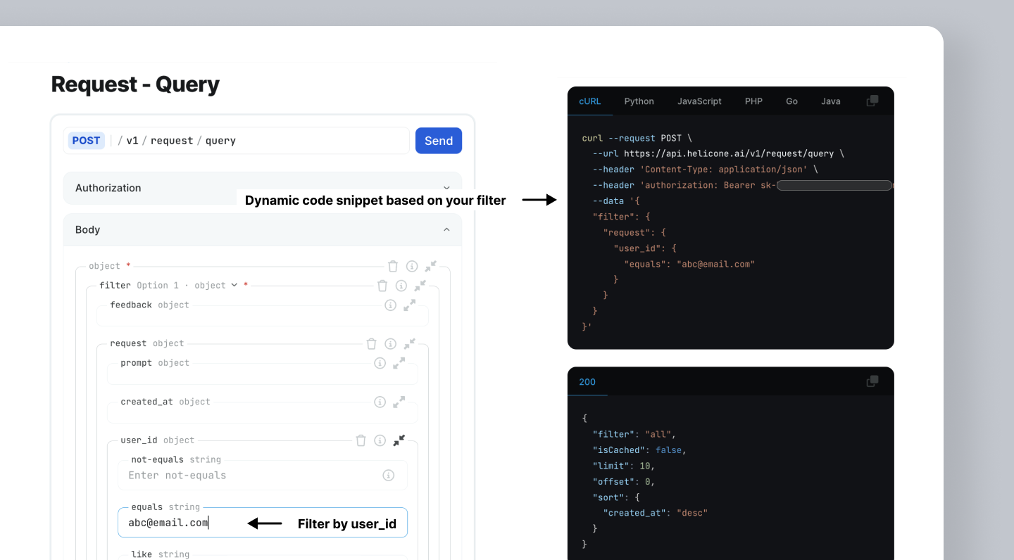 Helicone Request API example showing how you can built a request and specify filtering criteria and other advanced capabilities.