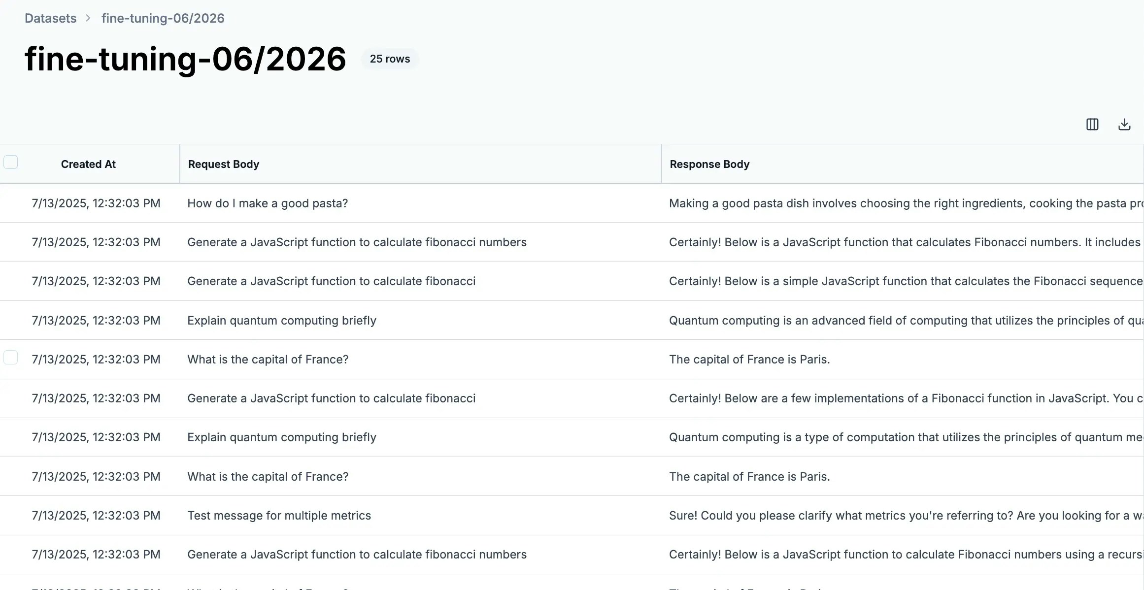 Helicone datasets dashboard with list of datasets and their metadata
