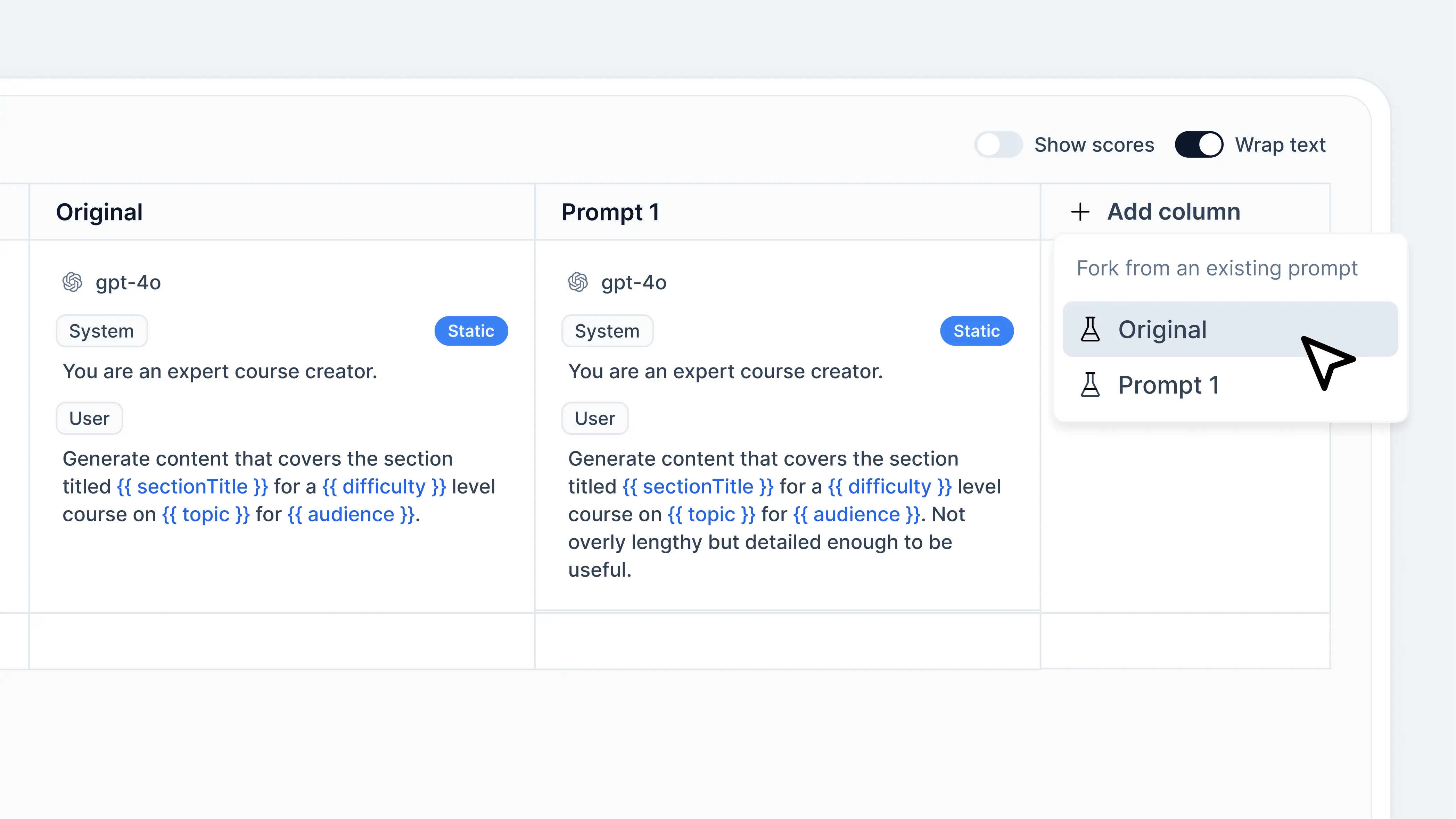 Fork existing prompts to create new variations in Helicone's Experiments.