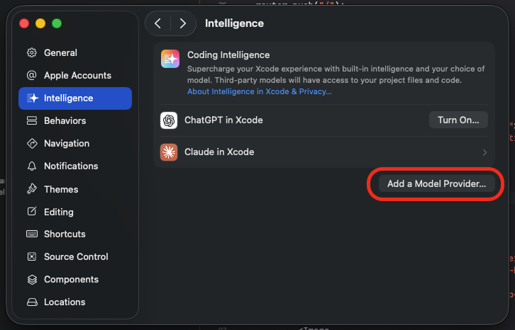 Add model provider dialog in Xcode
