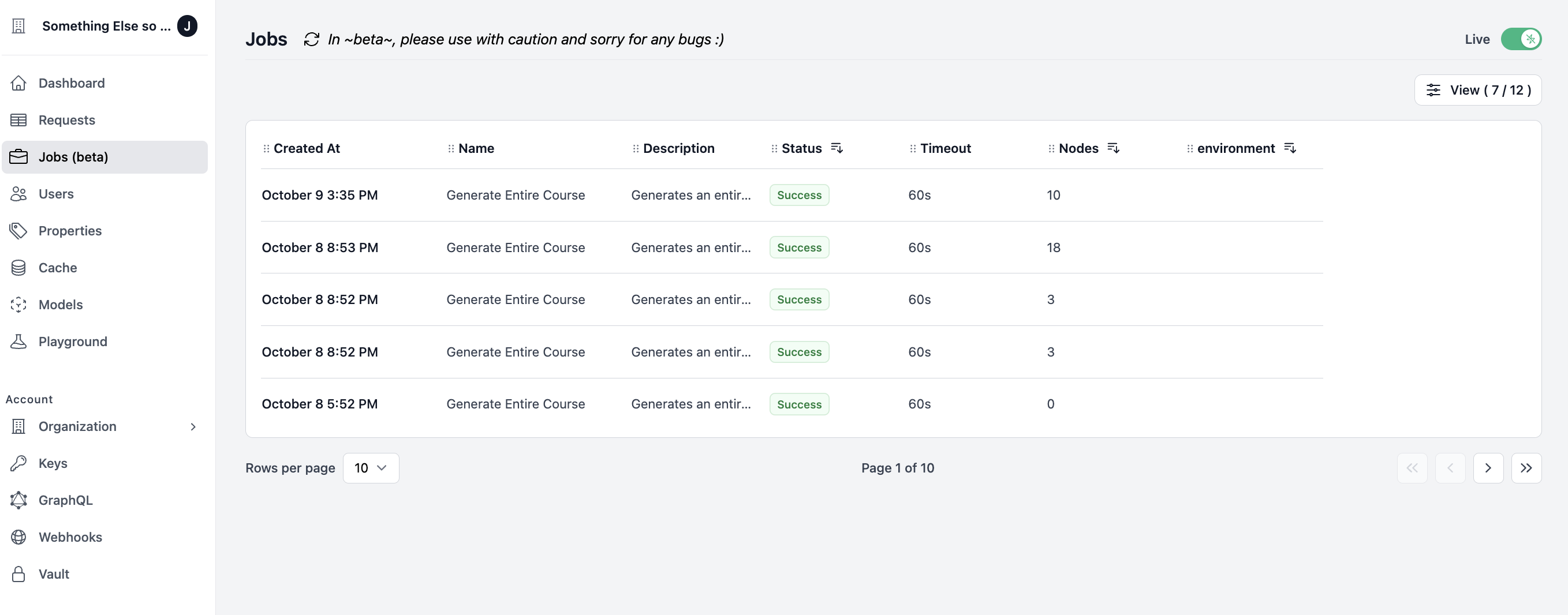 Job table showing all current job statuses on Helicone