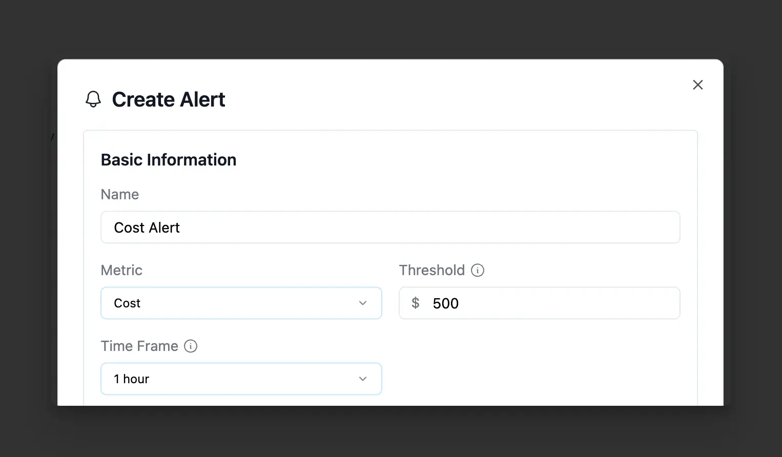 Alert configuration interface showing metric, threshold, and time window