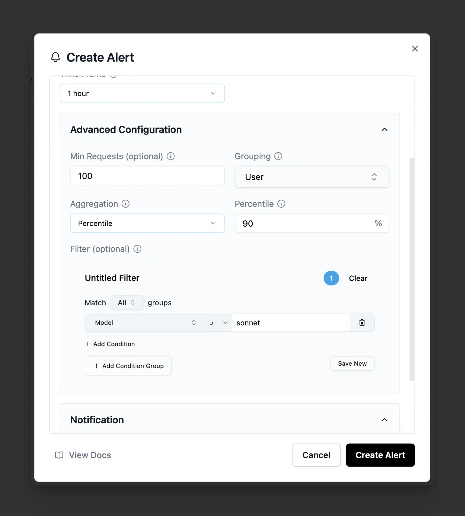 Advanced configuration showing filters and minimum request thresholds