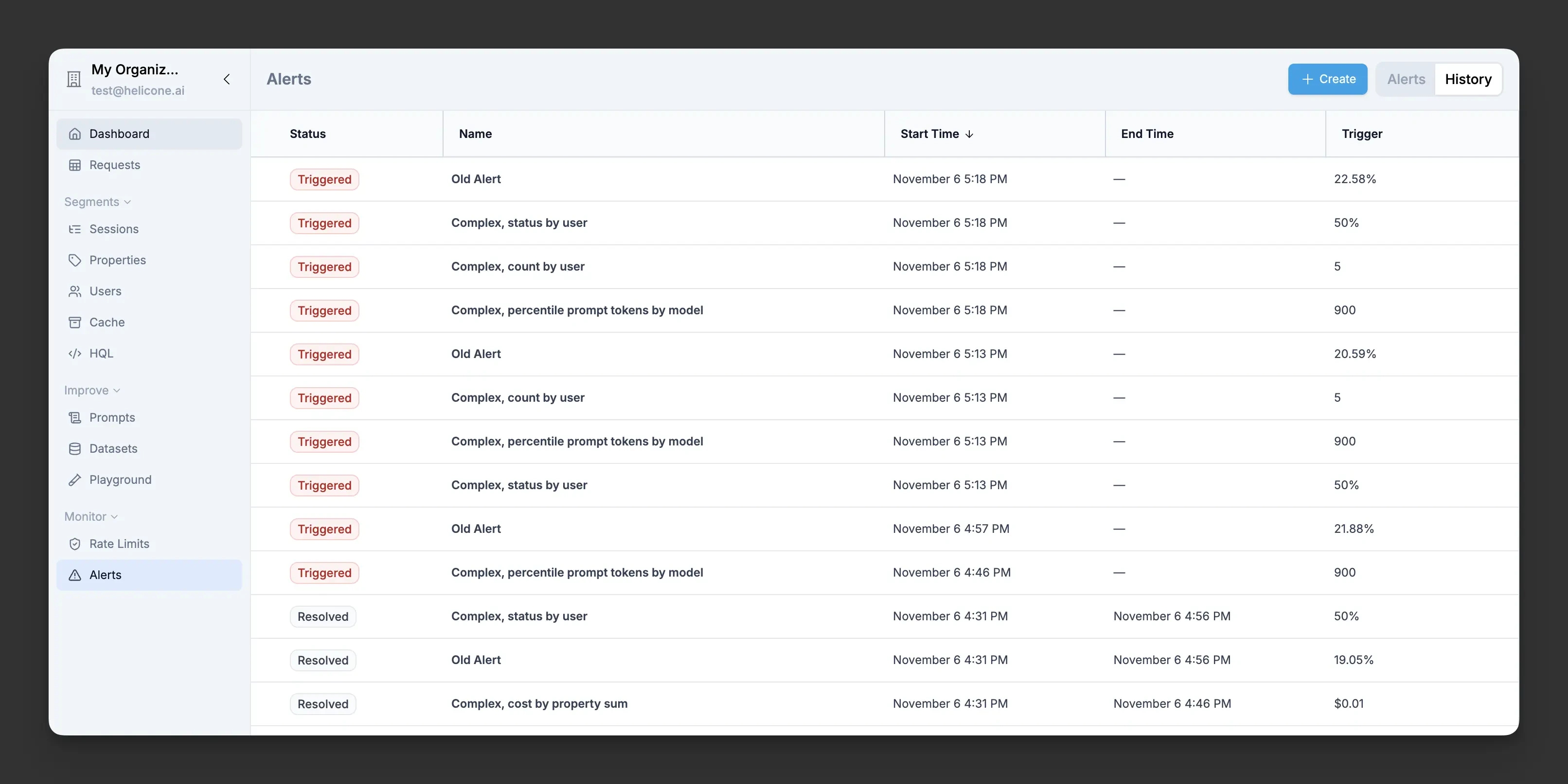 Alert history view showing recent trigger events
