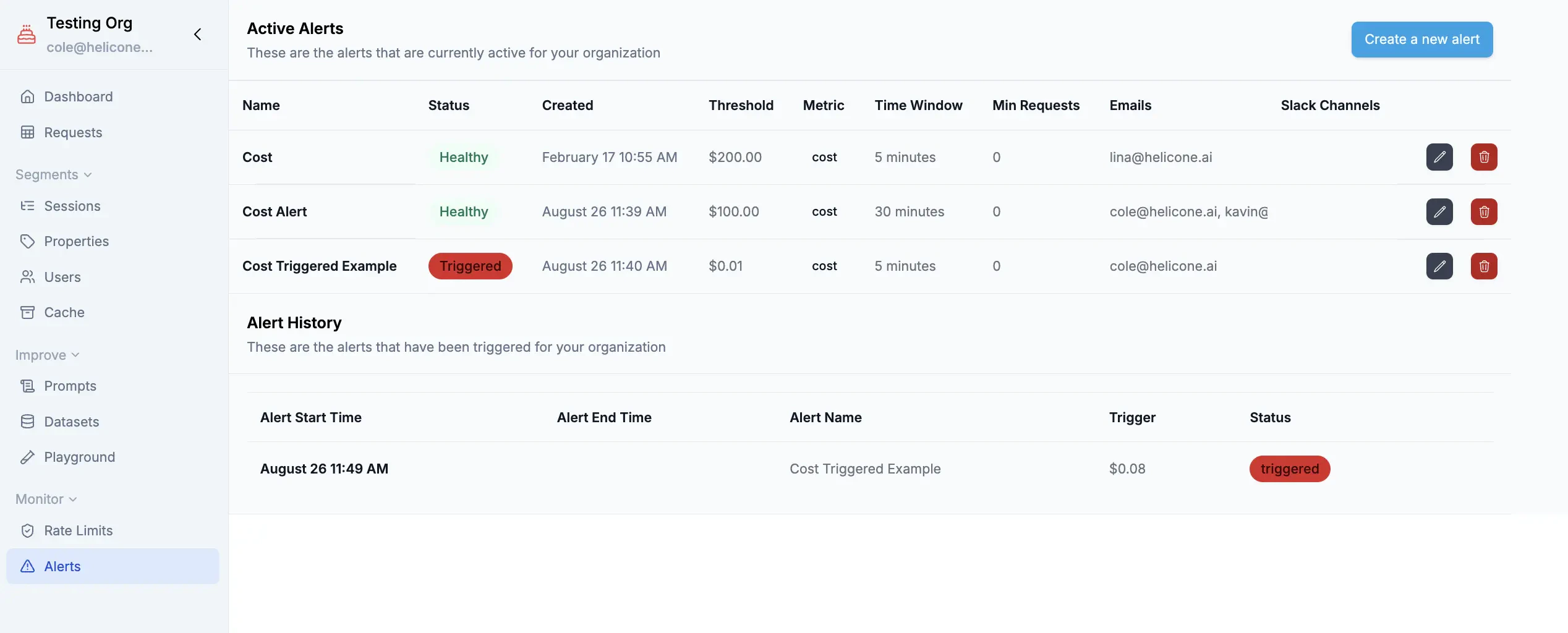 Alert configuration interface showing daily and monthly spending limits