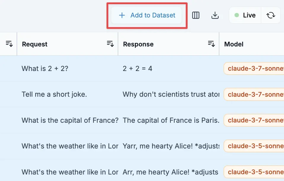 Adding selected requests to a dataset