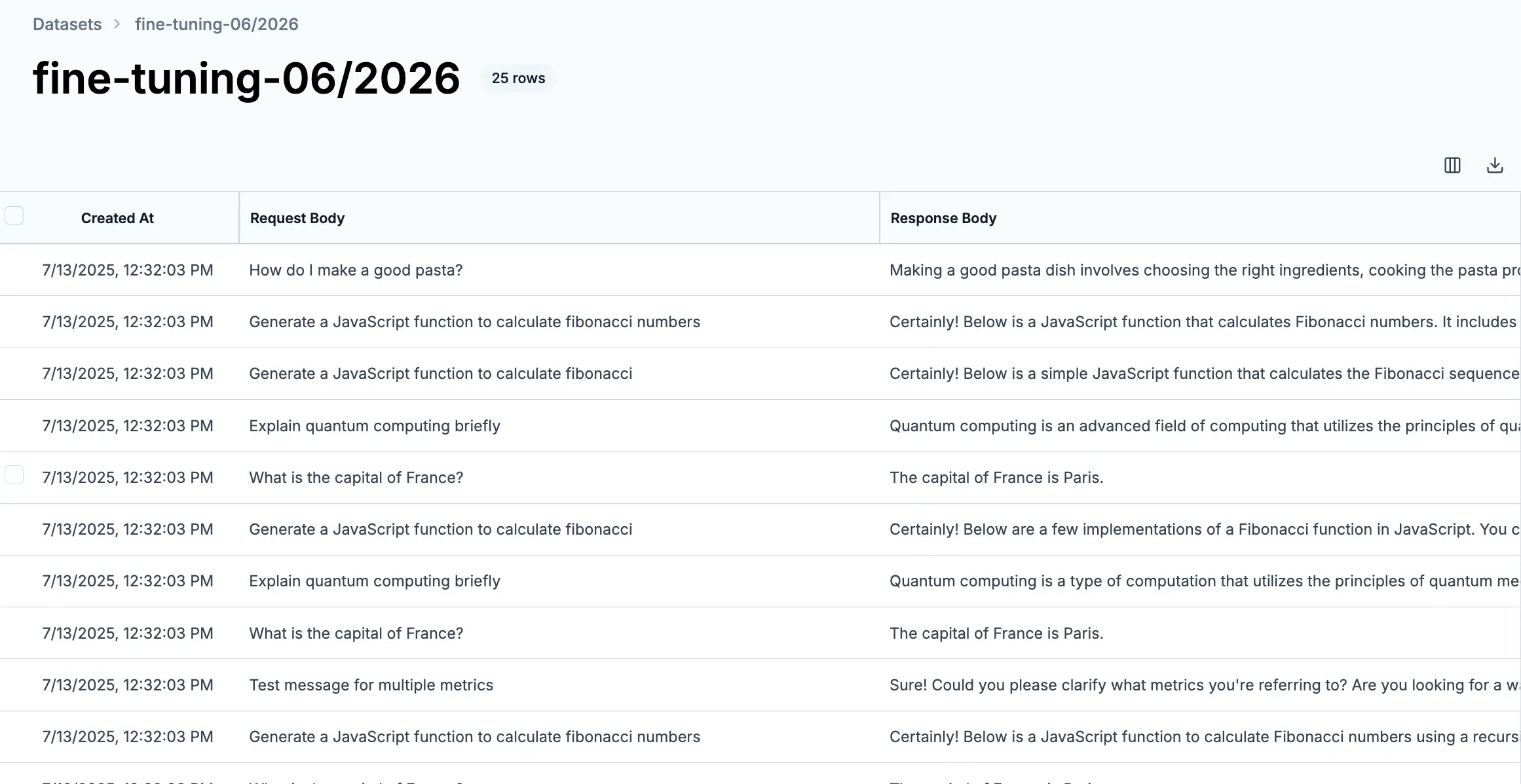 Helicone datasets dashboard with list of datasets and their metadata