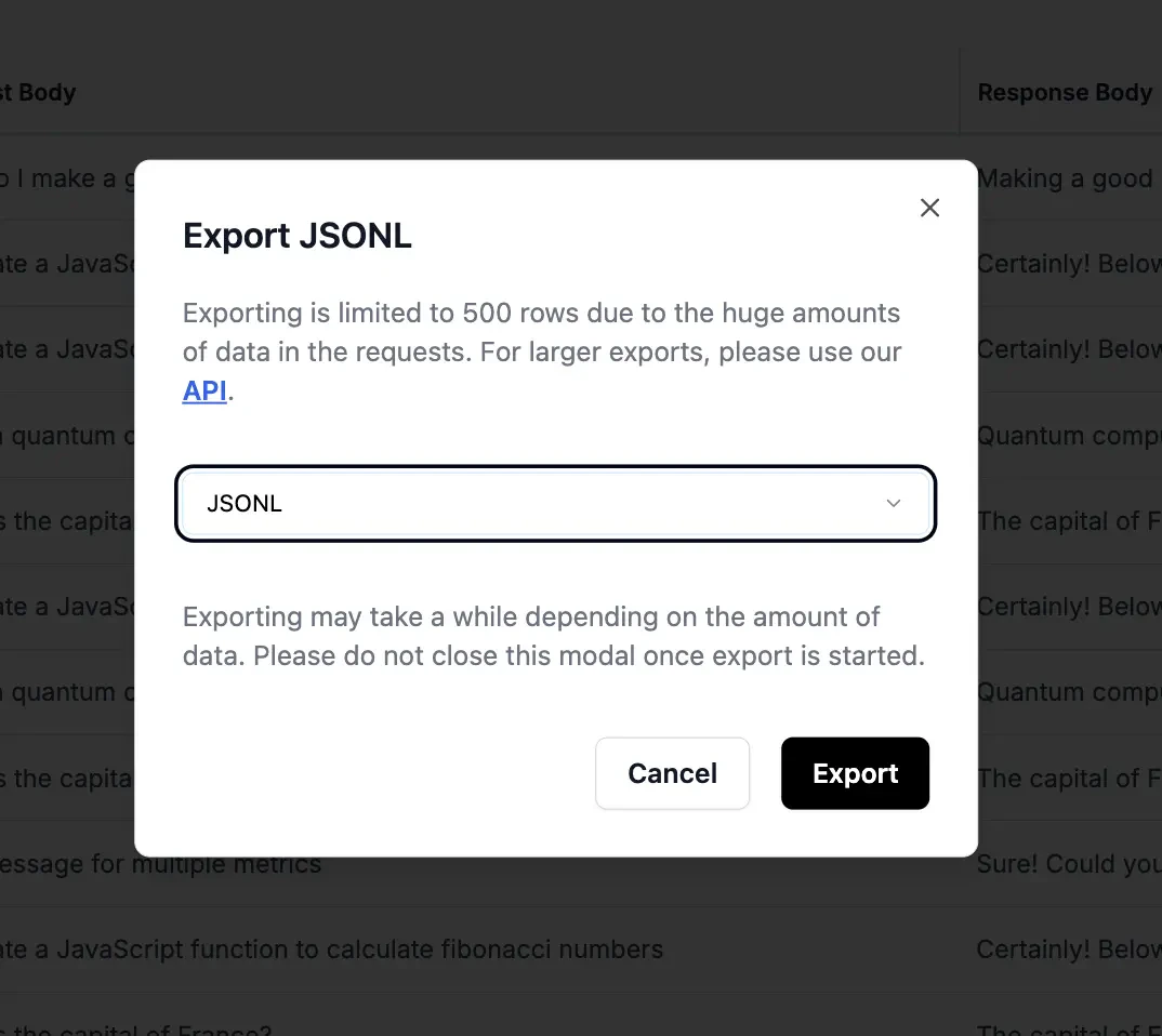 Dataset export dialog showing different format options