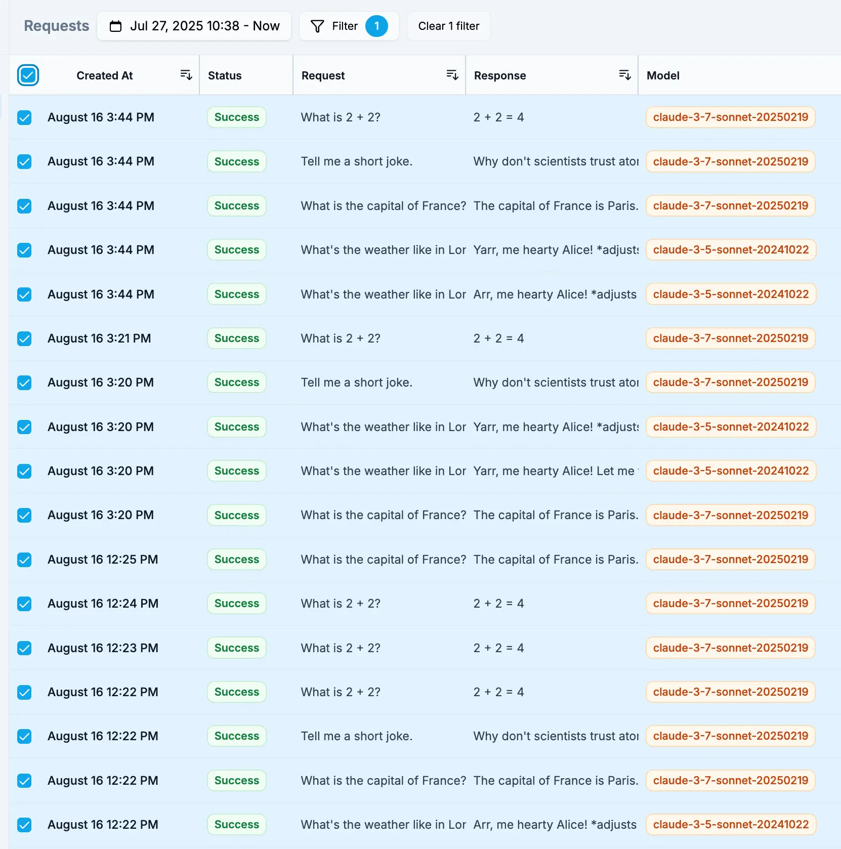 Selecting multiple requests to add to dataset