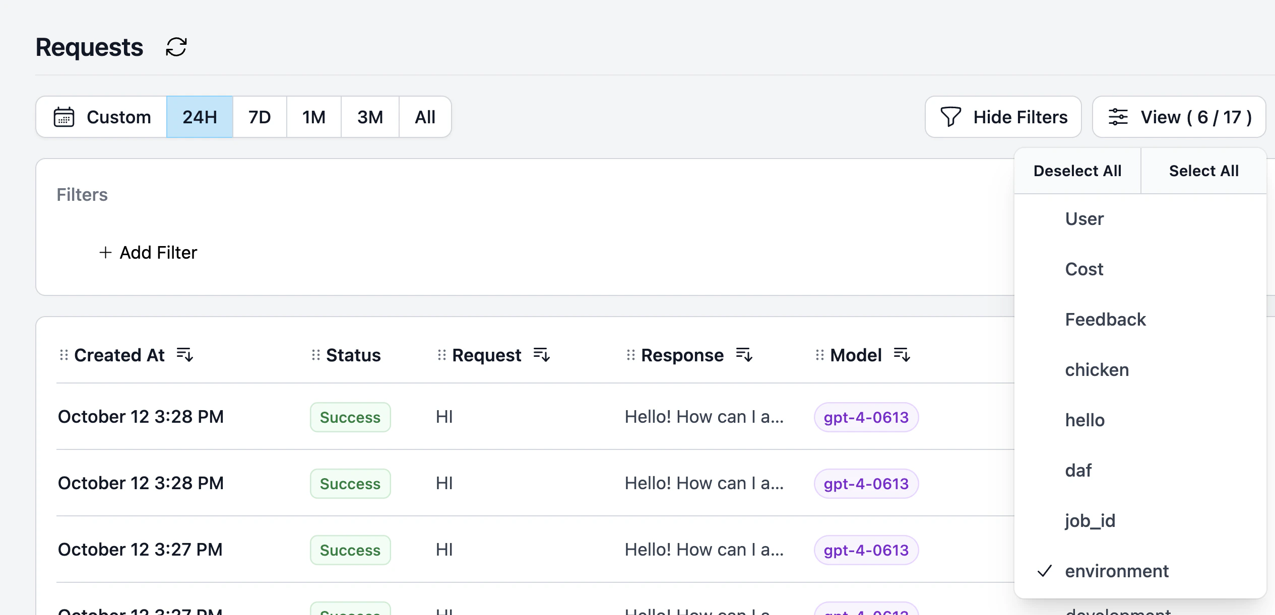 View environments tracked by Helicone on the Requests page.