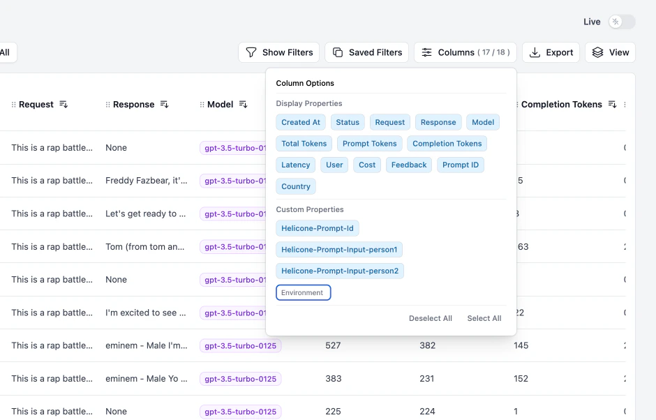 Example of modifying Helicone's interface to show or hide a custom property.