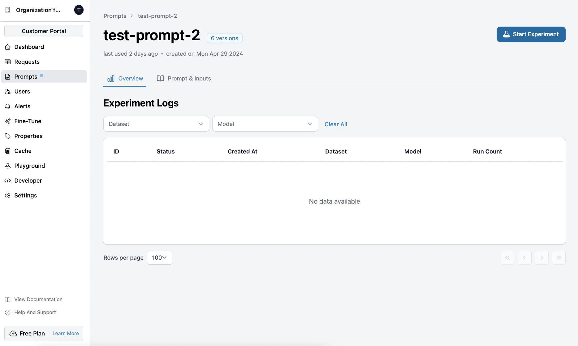 Start button in the Prompts tab for initiating an experiment in Helicone.