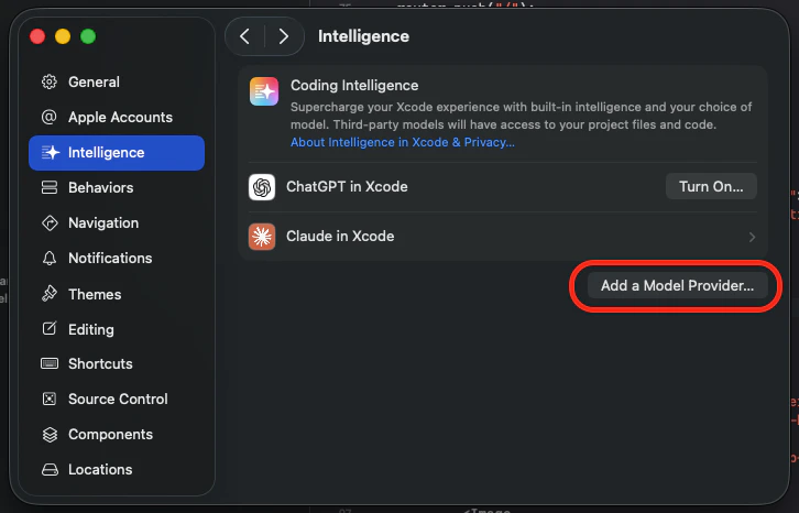 Add model provider dialog in Xcode