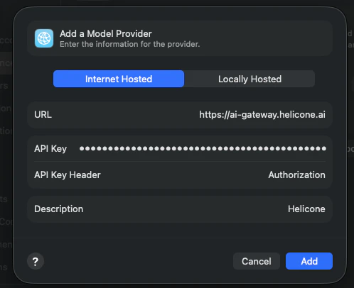 Add model provider dialog in Xcode