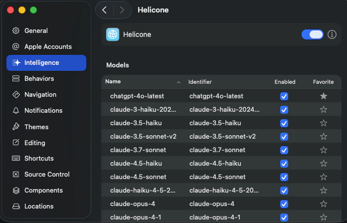 Models list in Xcode with favorites