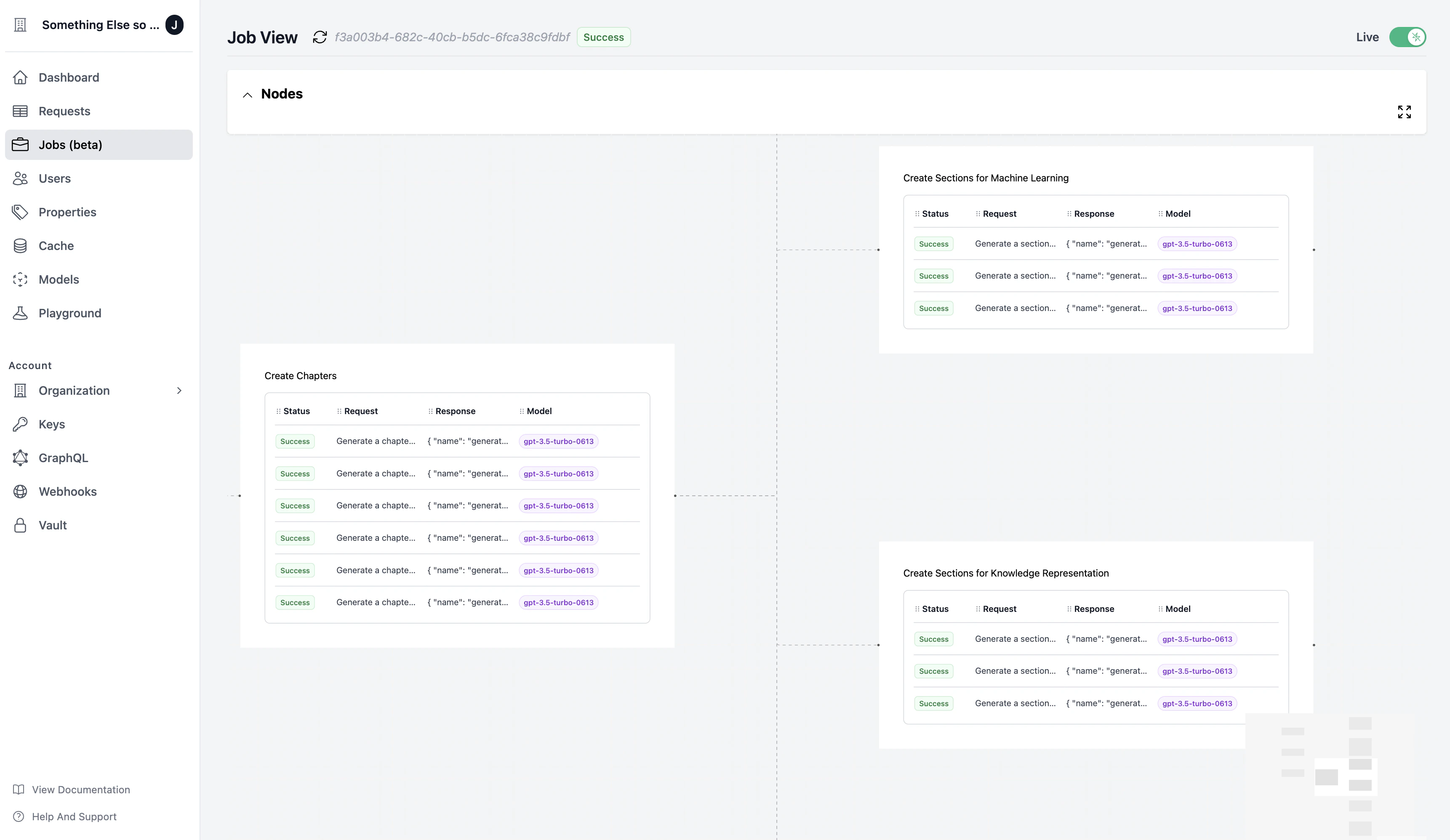 Graphical representation of job nodes and their status on Helicone