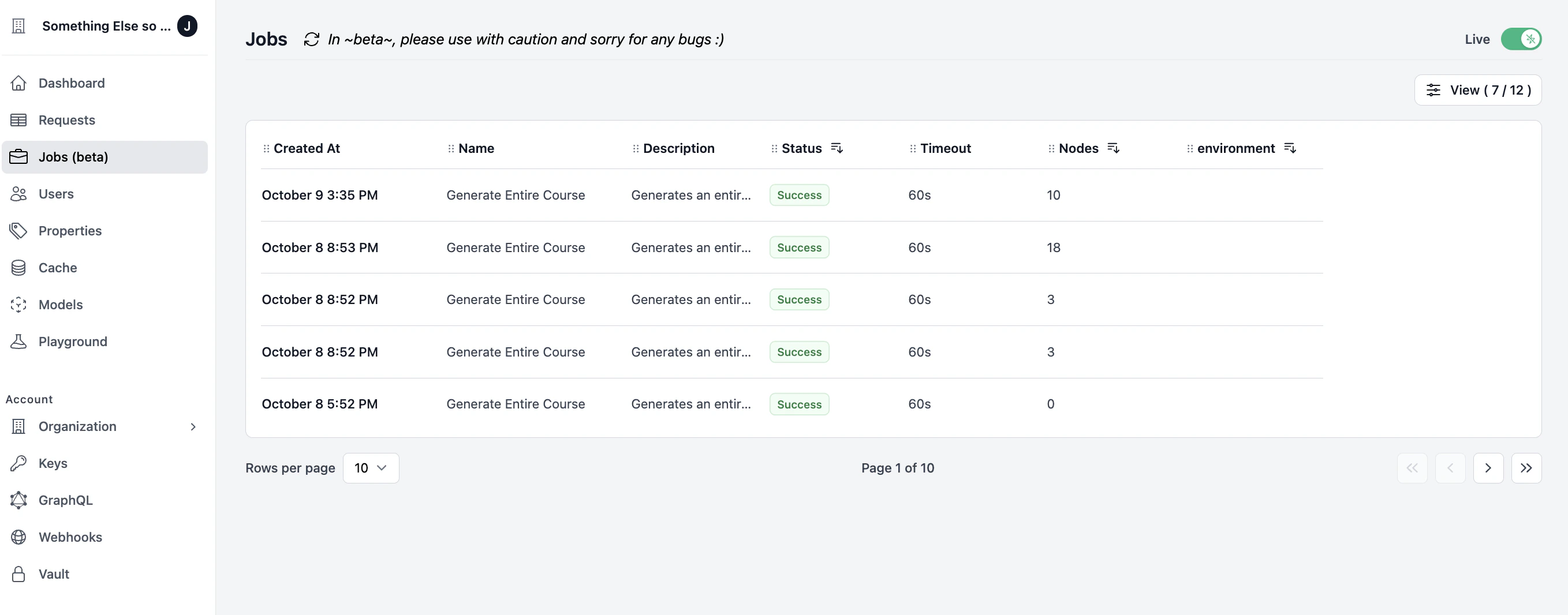 Job table showing all current job statuses on Helicone