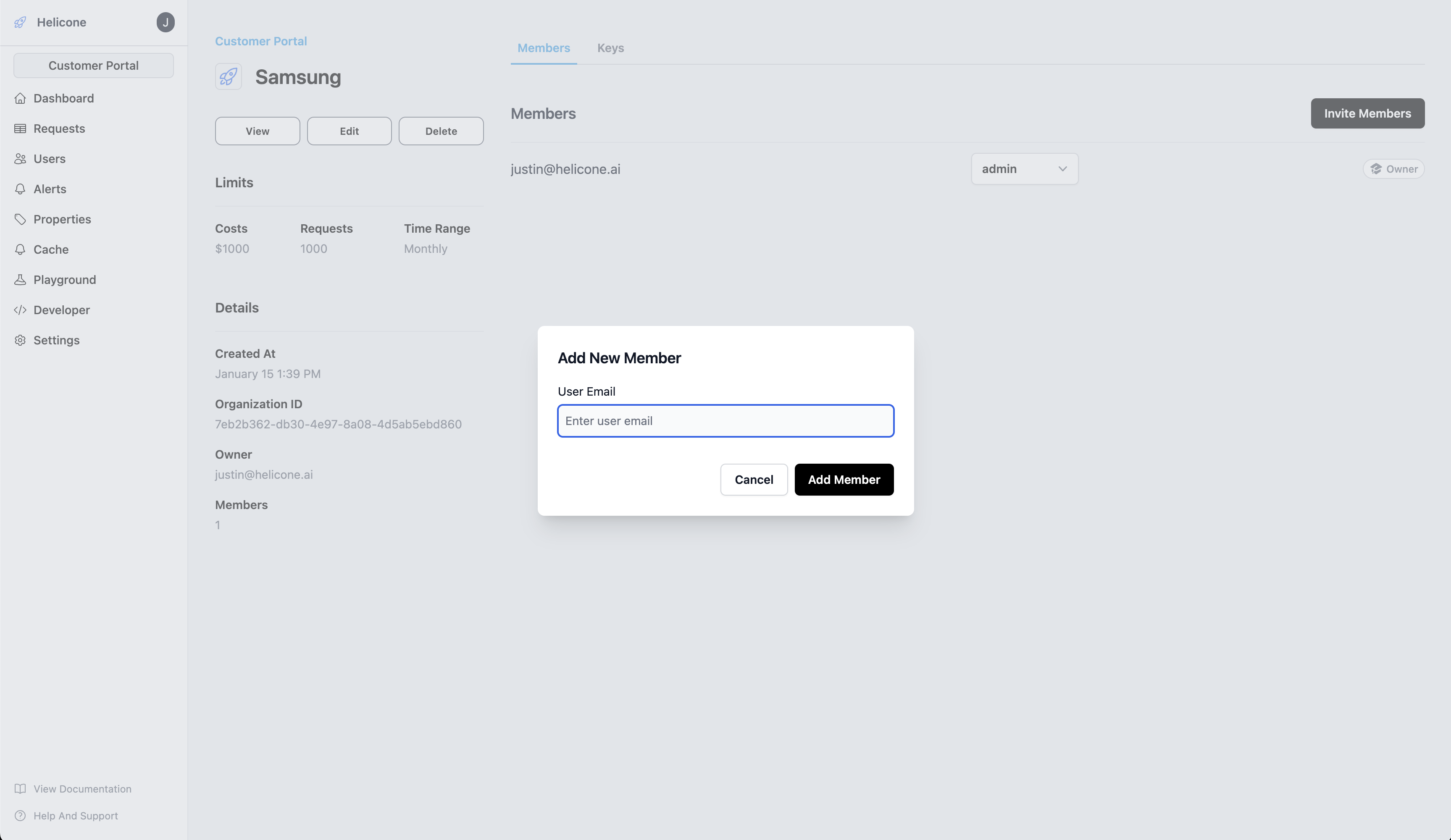 Inviting members in Helicone's Customer Portal