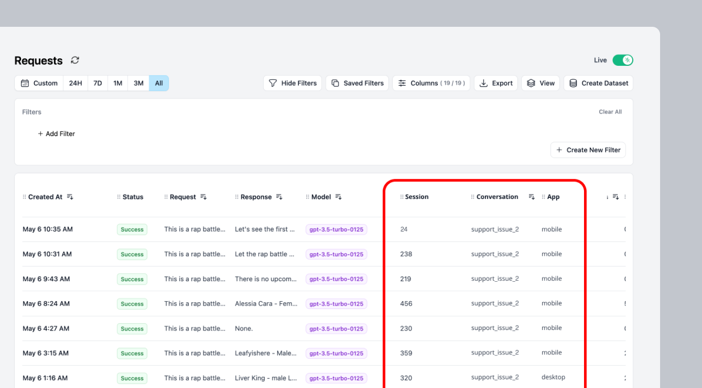 Helicone Custom Properties feature for filtering and segmenting data in the Request table.