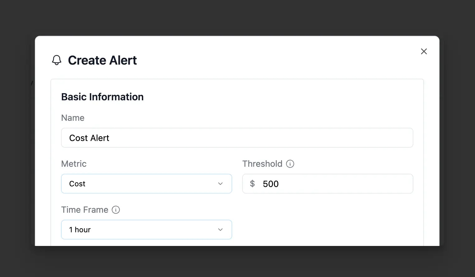 Alert configuration interface showing metric, threshold, and time window