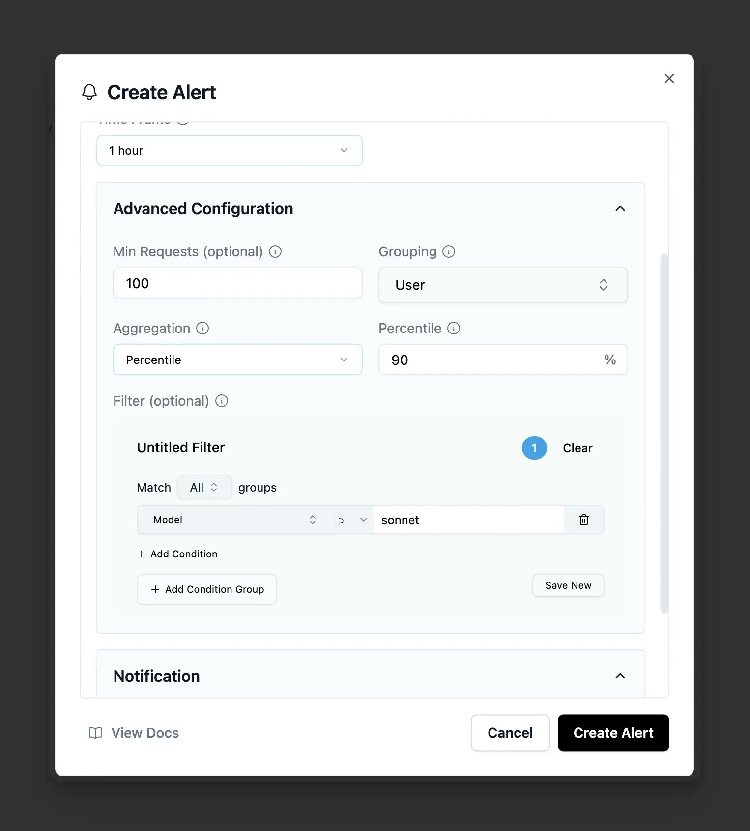 Advanced configuration showing filters and minimum request thresholds