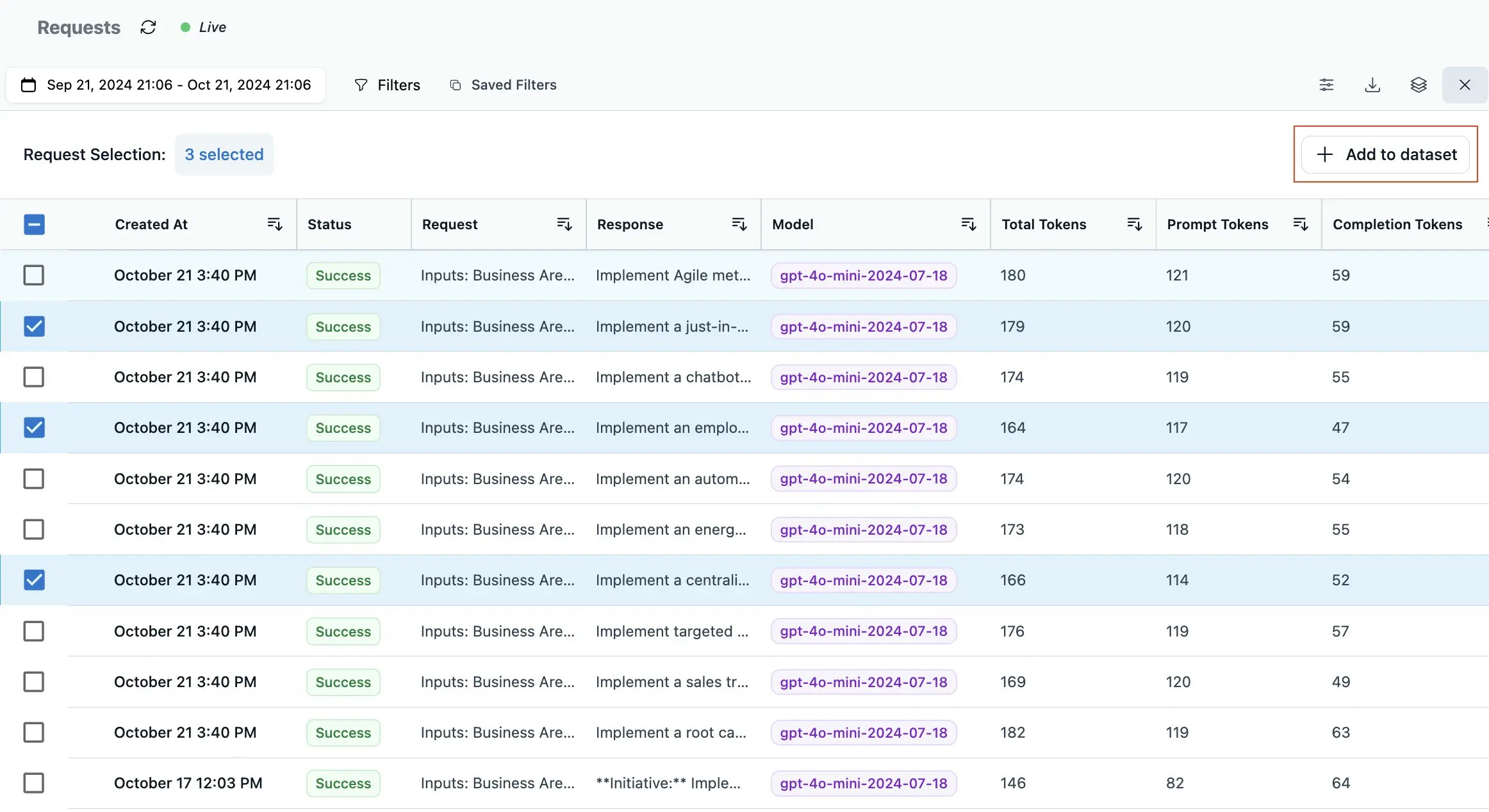 Helicone dataset curation interface with request filtering, scoring, and dataset management tools