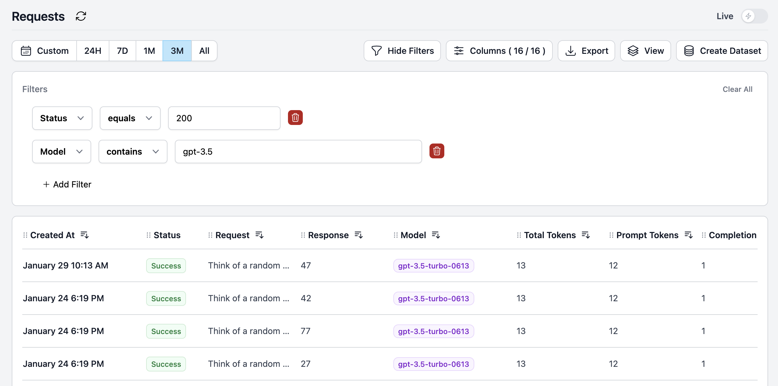 Filtering requests on the request page to create a dataset in Helicone.