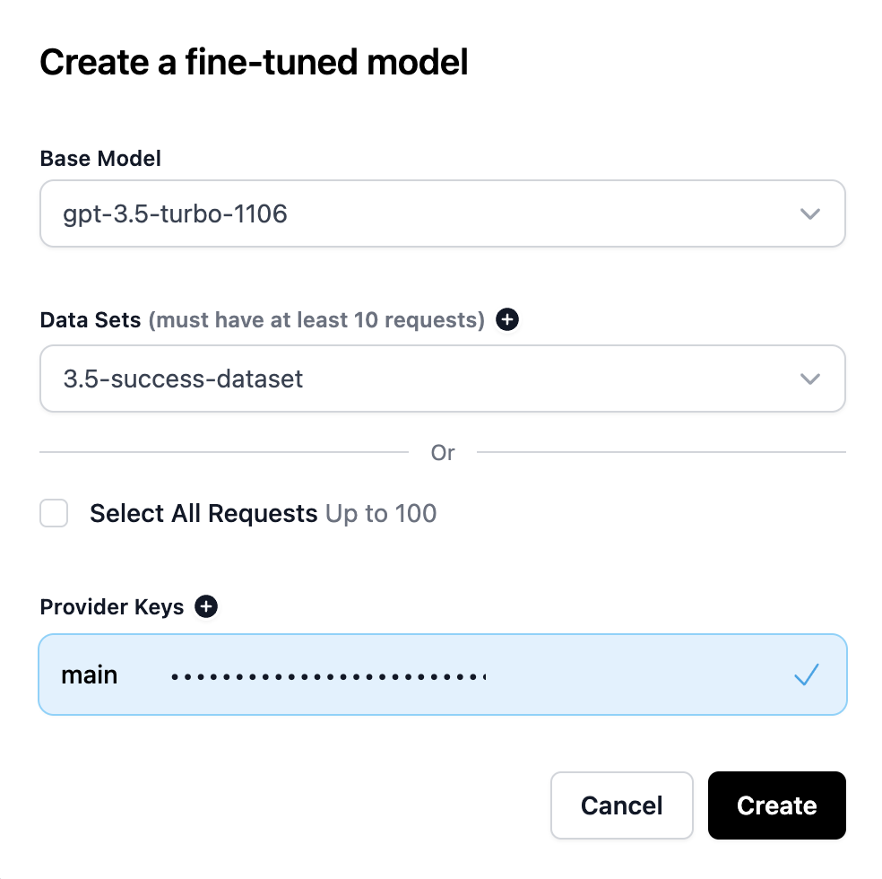Starting a fine-tuning job in Helicone.