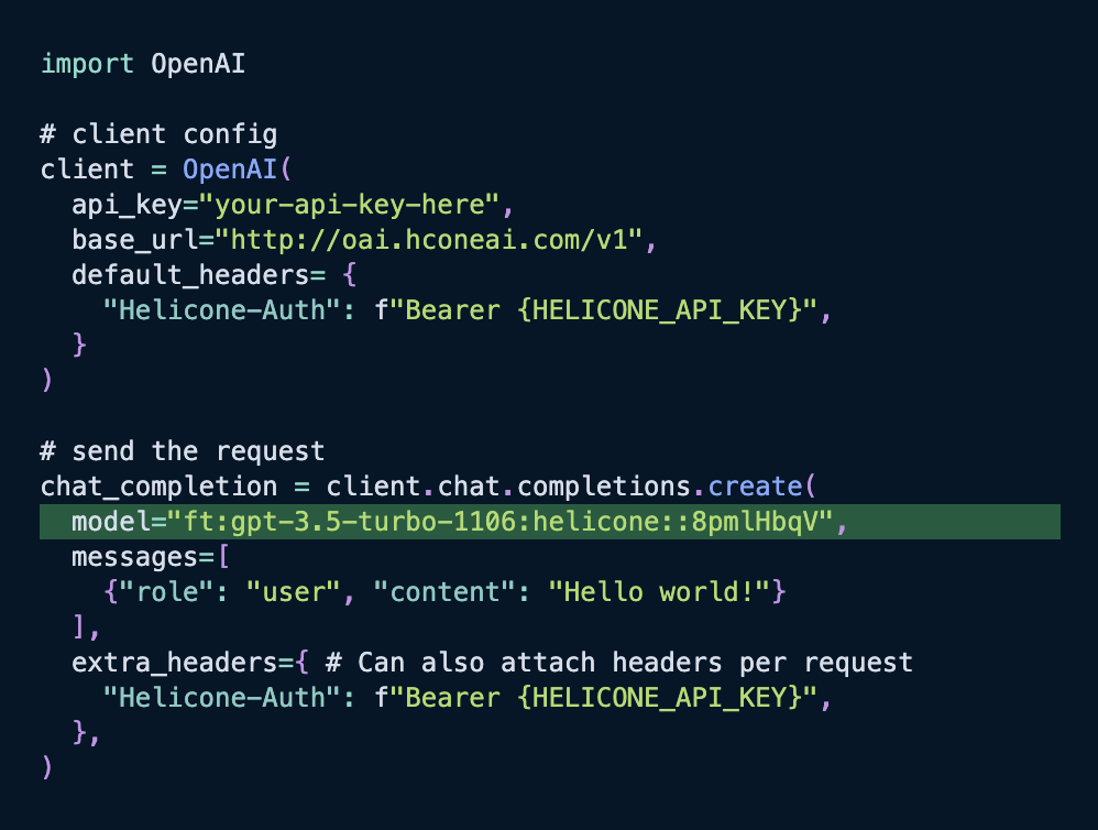 Python integration example showing how to replace the model name after fine-tuning in Helicone.