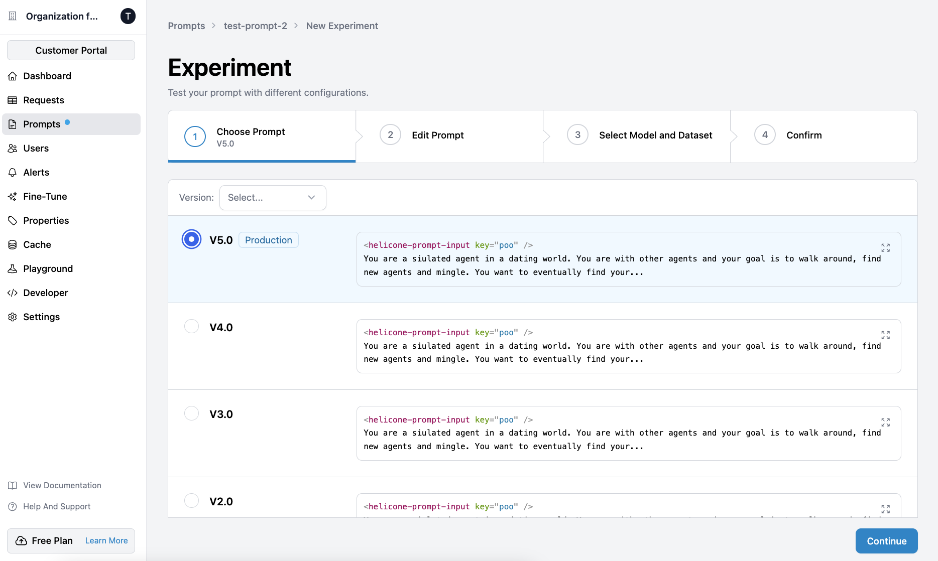 Selecting a base prompt to start an experiment in Helicone.