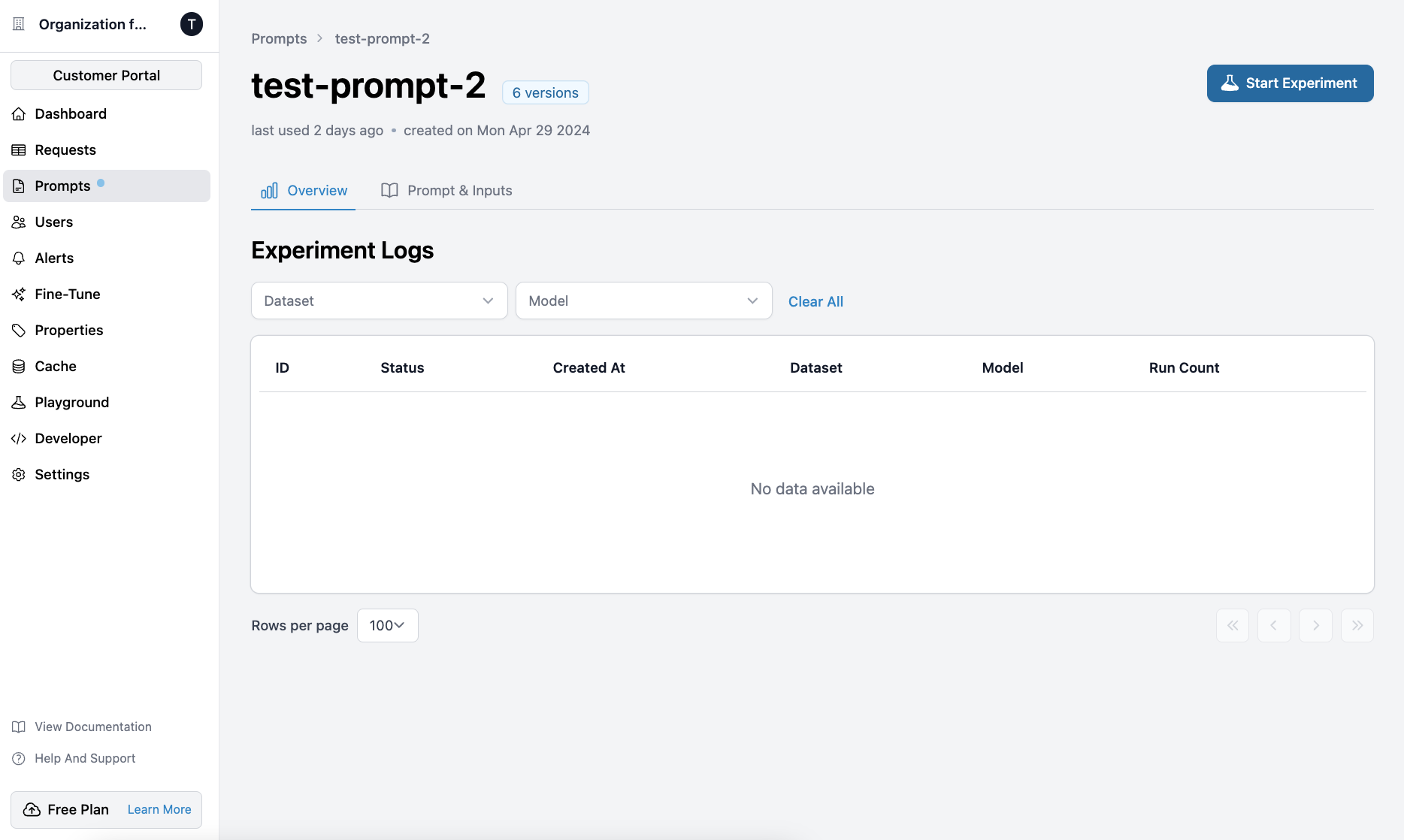 Start button in the Prompts tab for initiating an experiment in Helicone.