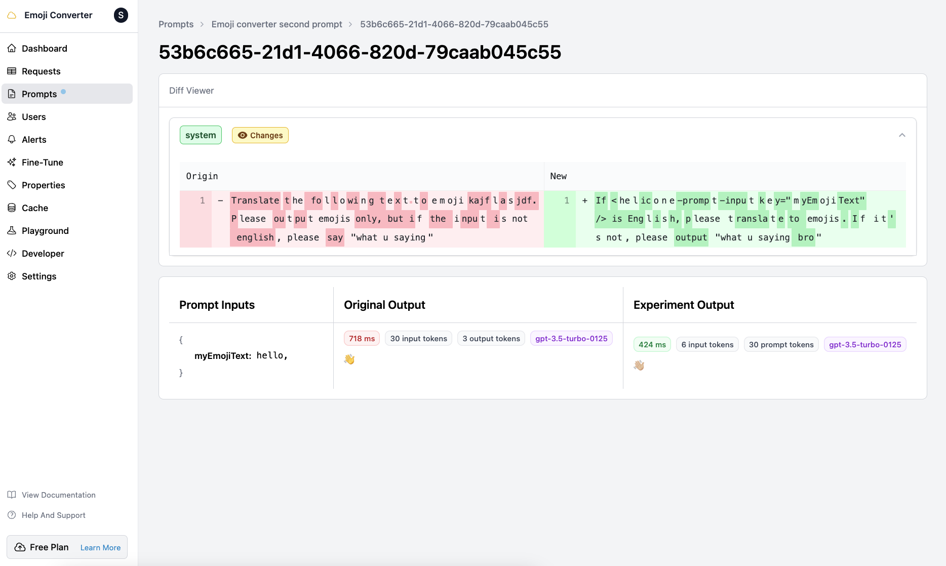 Comparing the outputs of an experiment compared to the original prompt in Helicone.
