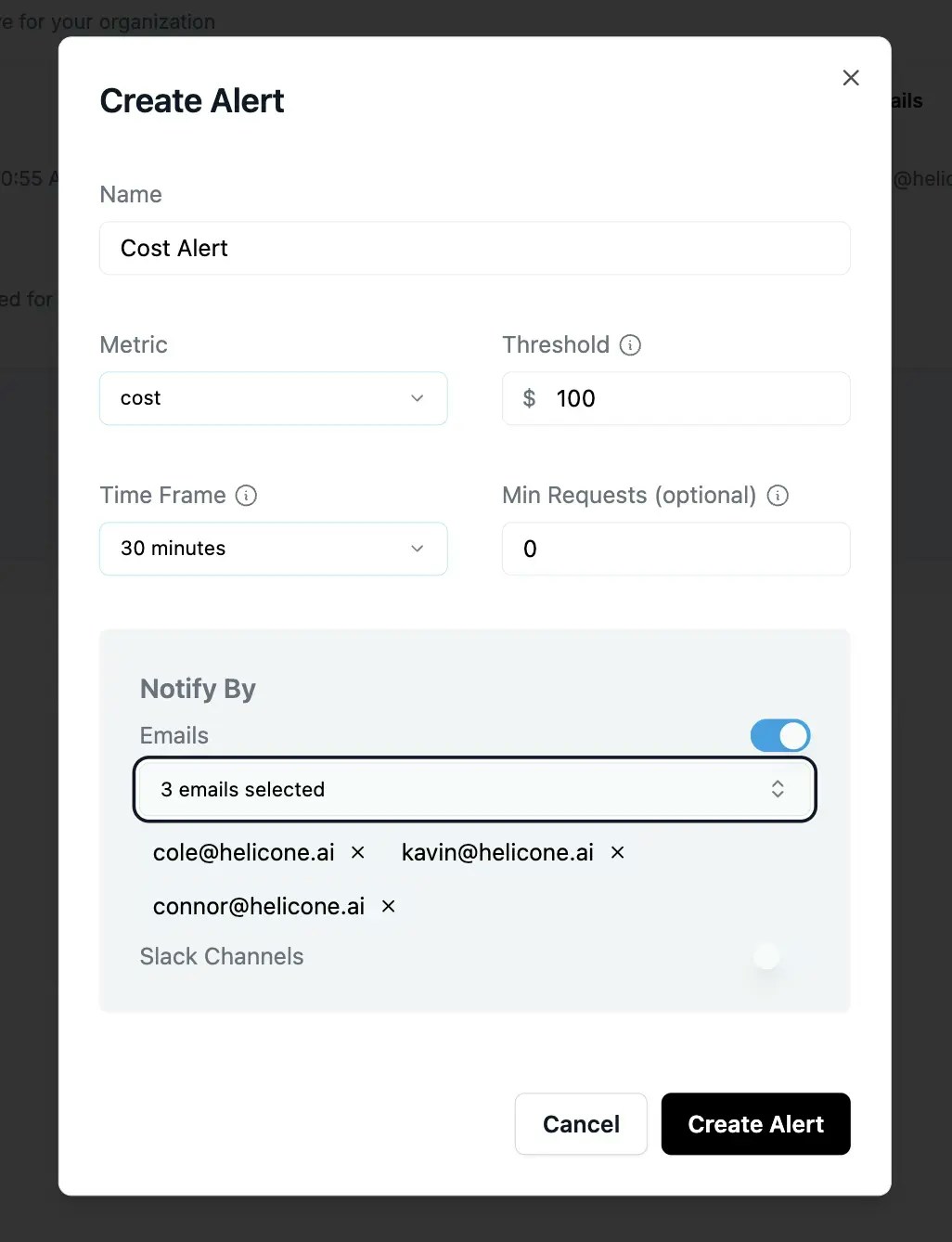 Cost alert configuration showing threshold and time window settings