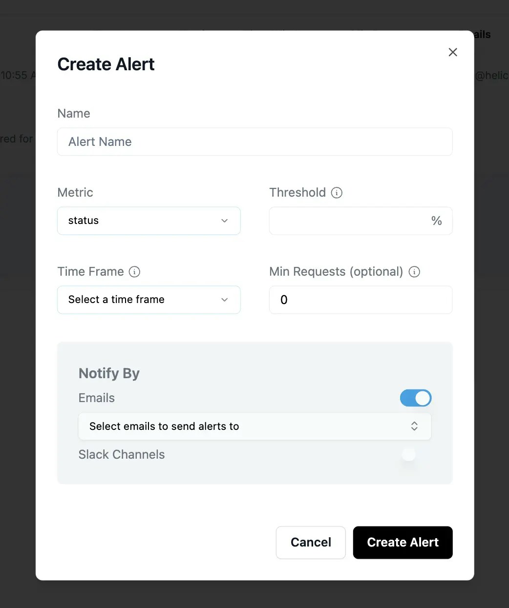 Alert creation interface showing configuration options